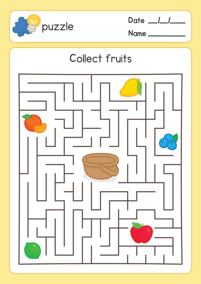 put fruit in basket maze game exercises sheet kawaii doodle vector cartoon