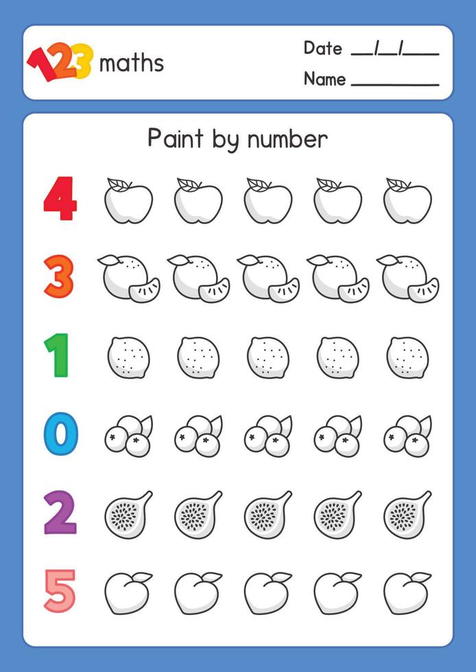 esquema de frutas para colorear en blanco y negro sobre números de conteo en la hoja de ejercicios de asignaturas de matemáticas dibujos animados de vector de garabato kawaii