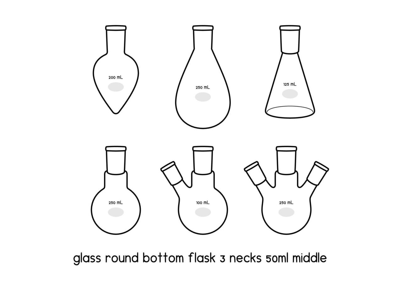 matraz de fondo redondo de vidrio diagrama medio de 3 cuellos para la configuración del experimento esquema de laboratorio ilustración vectorial vector
