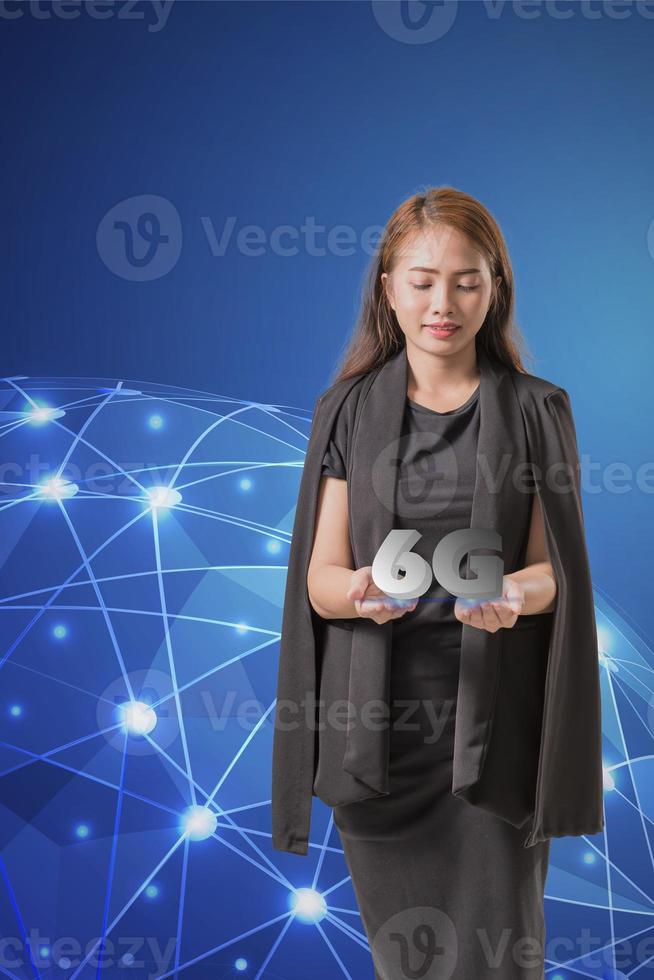 6G netork levitate in woman hand. Speed mobile network concept. photo