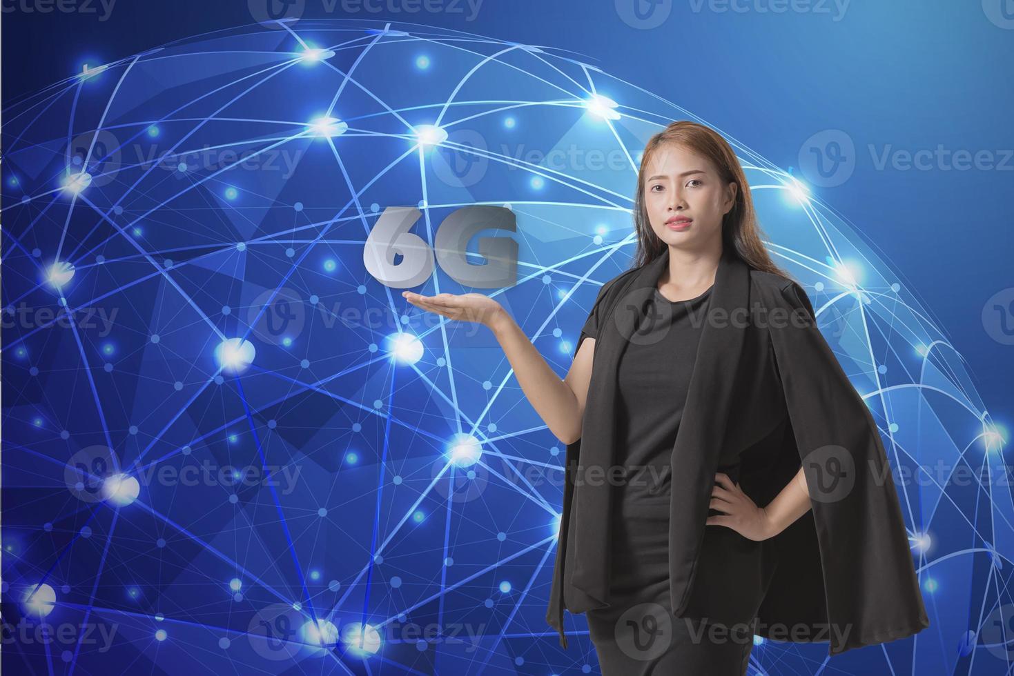 6G netork levitate in woman hand. Speed mobile network concept. photo