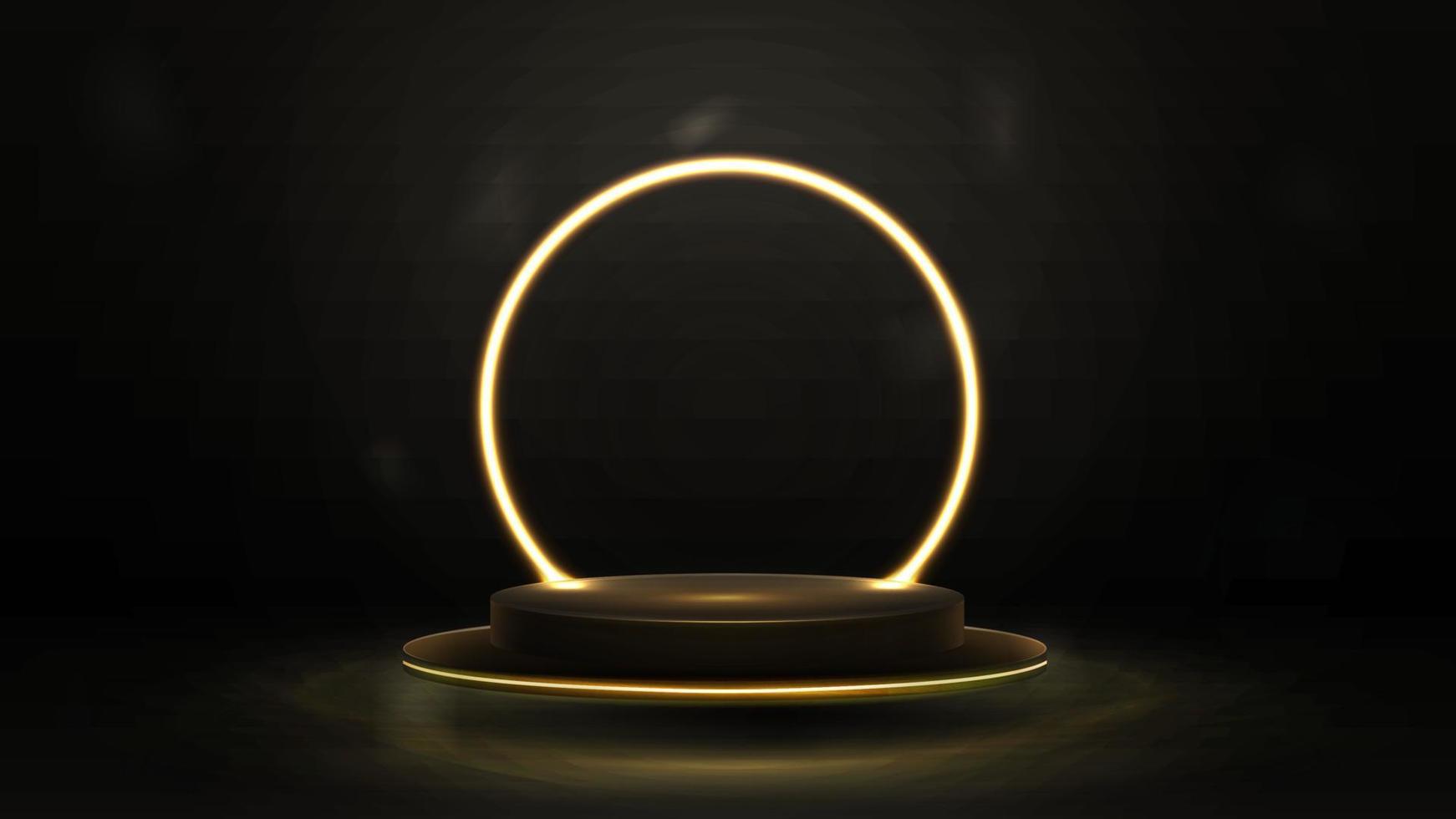 podio de oro vacío con anillo de neón amarillo de línea en el fondo. procesamiento 3d escena abstracta oscura con pedestal flotando en el aire y marco circular de neón vector