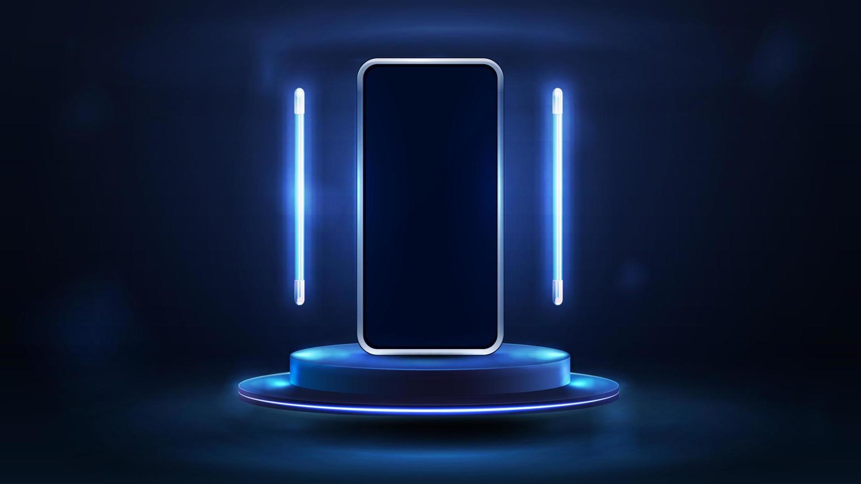 Smartphone on blue podium floating in the air in dark scene with blue flying line lamps around, 3d realistic vector illustration.