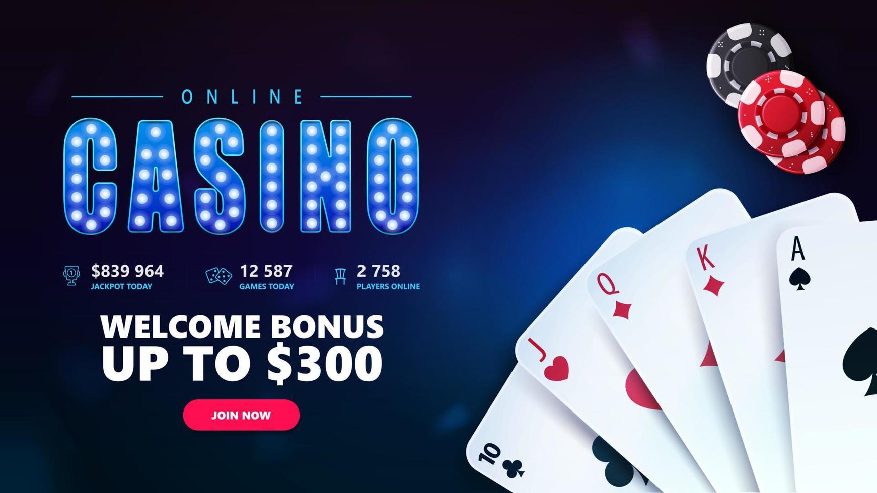 Online casino, blue invitation banner for website with button, welcome bonus, casino playing cards and poker chips on blue background, top view vector