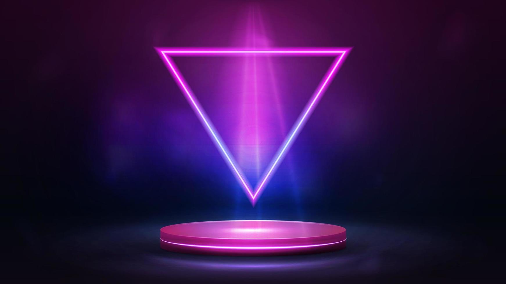 Empty podium with pink and blue triangle neon frame floating in the air vector