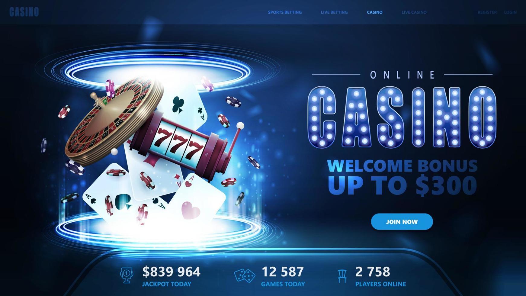 Online casino, welcome bonus, blue banner for website with button, casino playing cards, casino roulette, slot machine and poker chips inside blue portal made of digital rings in dark empty scene vector