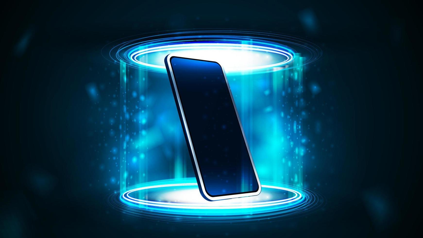 Smartphone inside blue portal with hologram of digital rings vector