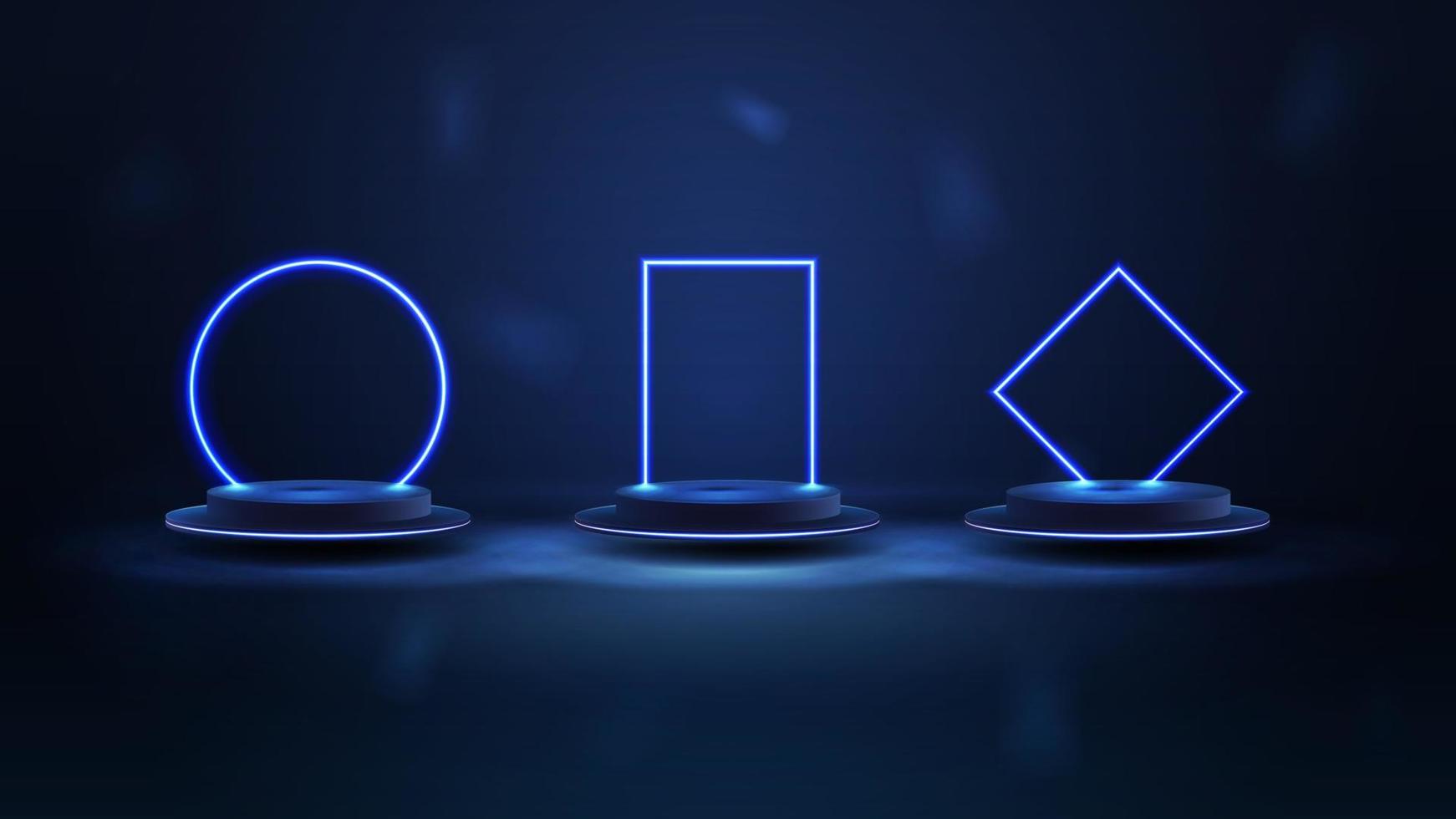 Set of floating podiums with blue neon frames on background for your arts vector