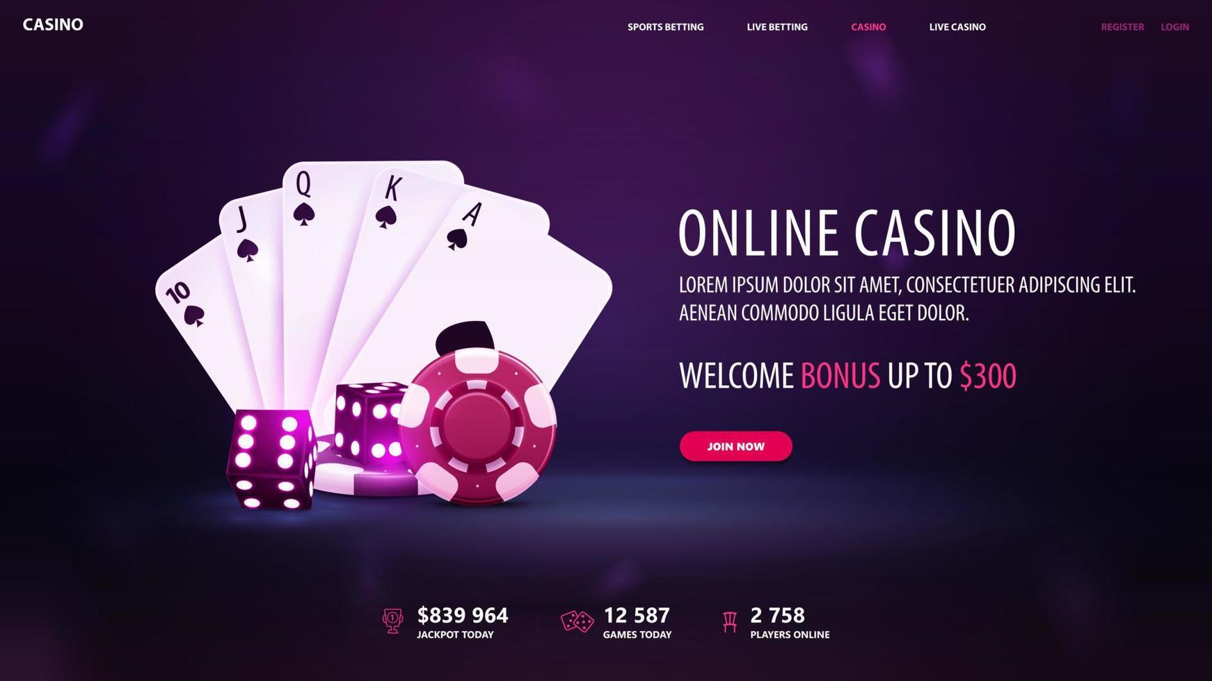 casino en línea, banner de invitación púrpura para sitio web con bono de bienvenida, botón, cartas de juego de casino, dados y fichas de póquer vector