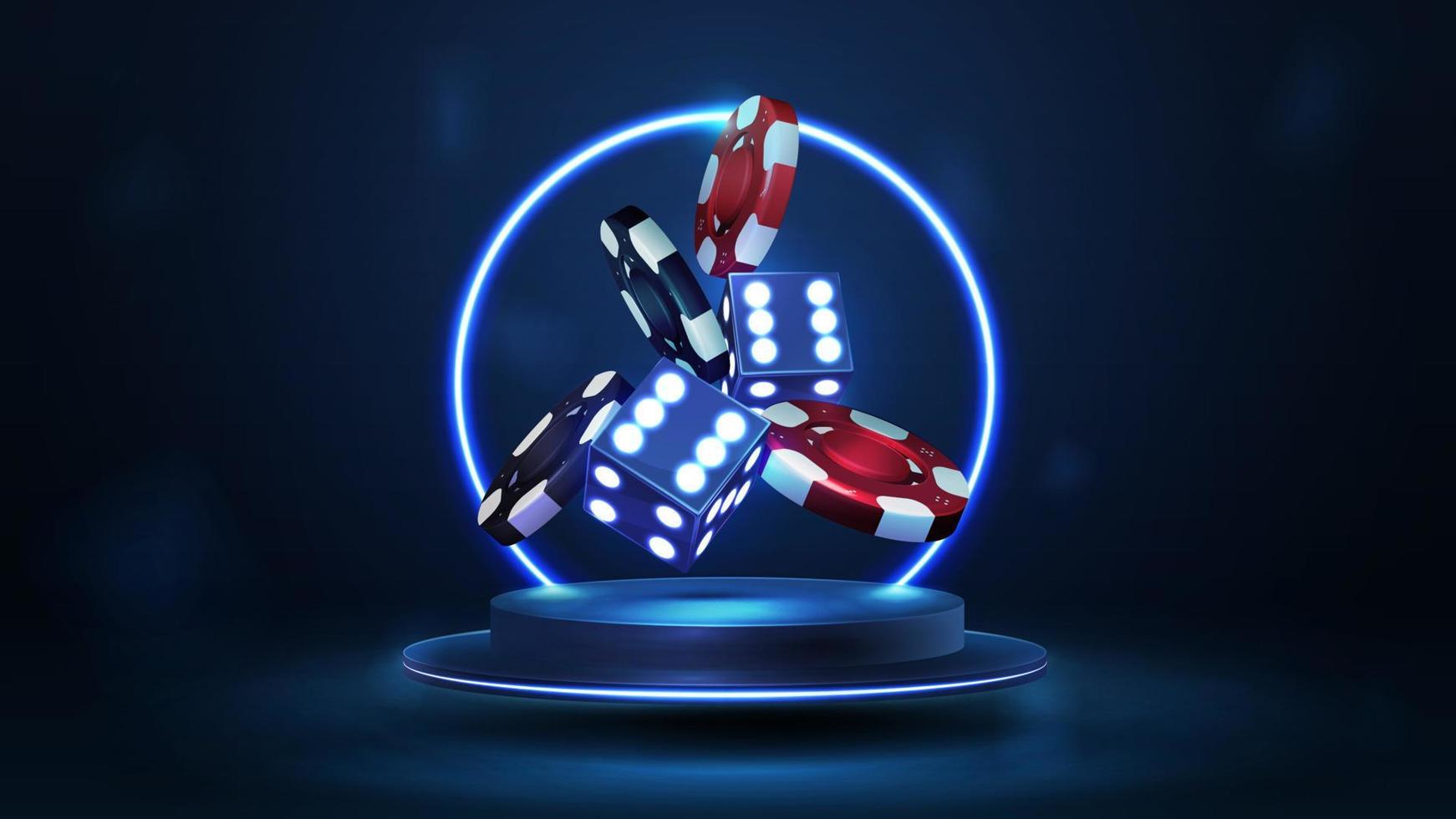 Blue podium floating in the air with blue neon ring, 3D dice with red and black realistic gambling stack of casino chips in dark scene vector