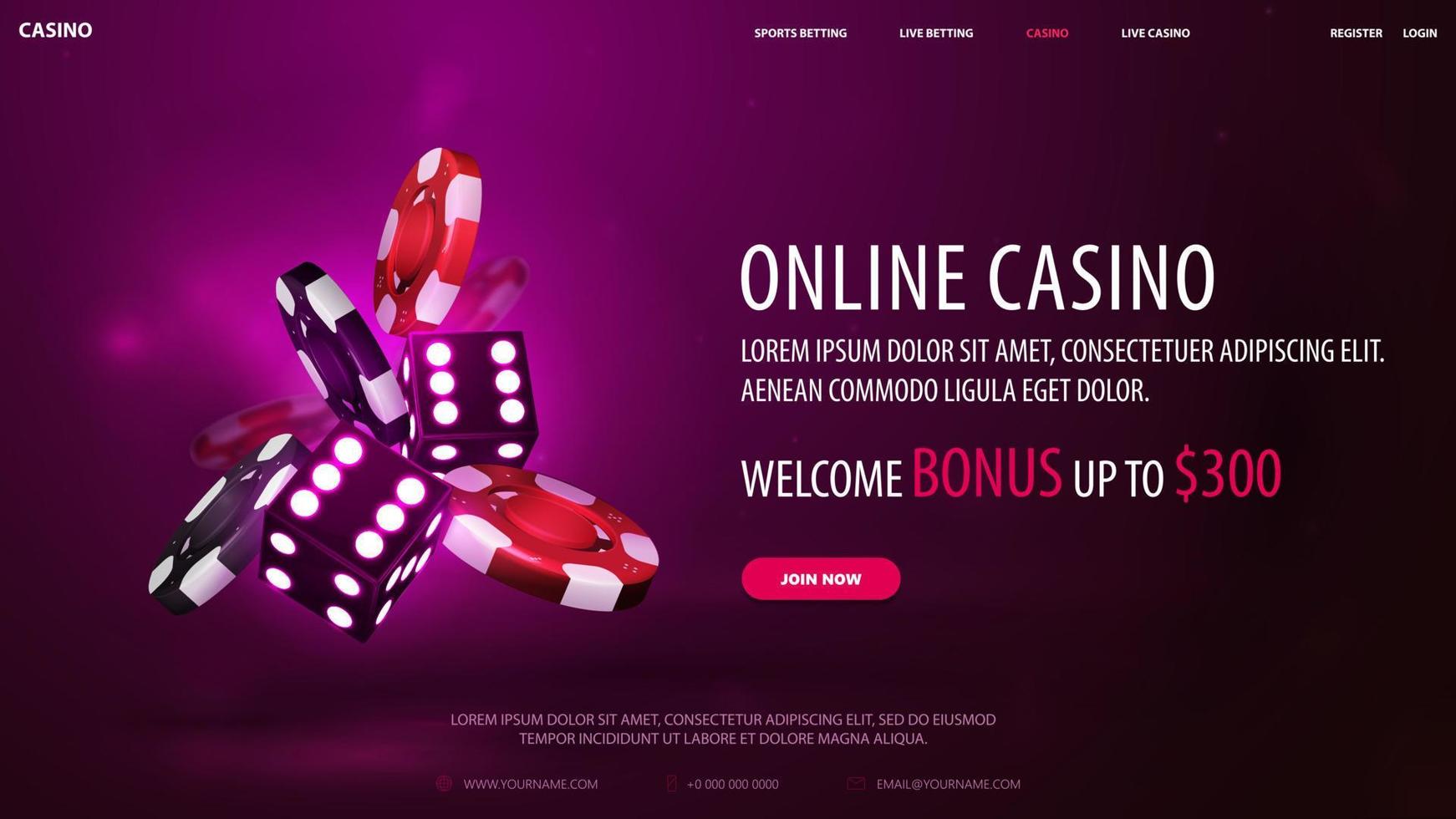 Casino web banner with purple neon 3D dice with red and black realistic gambling stack of casino chips on purple background vector