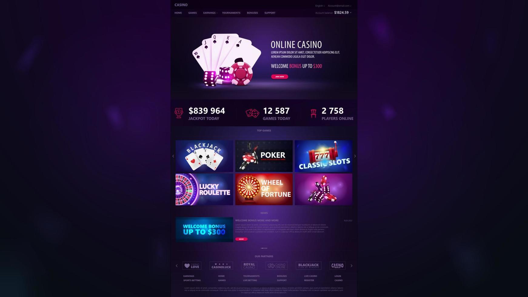 Online casino, template of website of casino with web banners and casino elements. Purple design of website vector