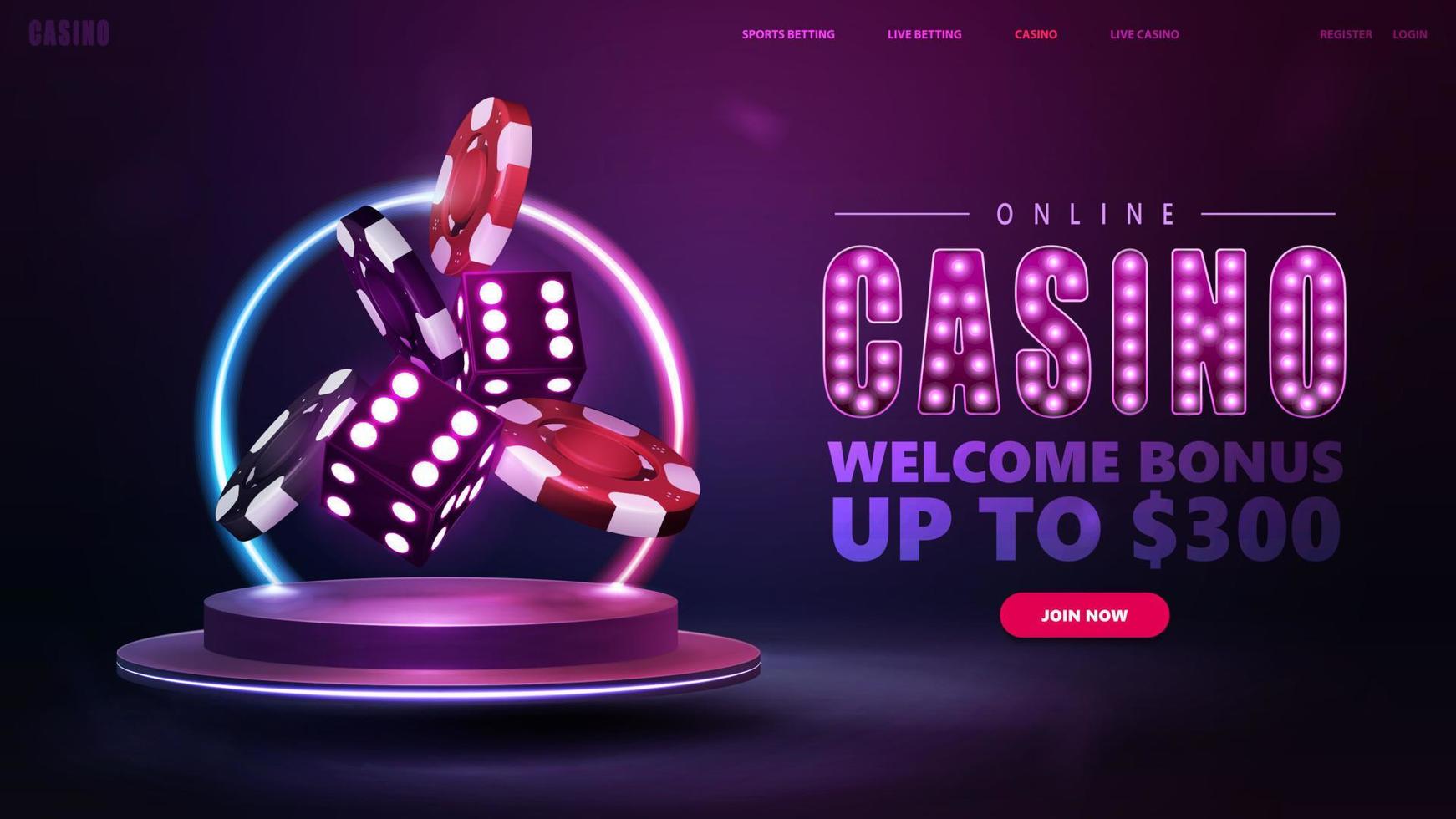 casino en línea, bono de bienvenida, banner para sitio web con botón, podio con dados 3d de neón púrpura con pila de fichas de casino realistas en rojo y negro en el podio con marco de neón redondo vector