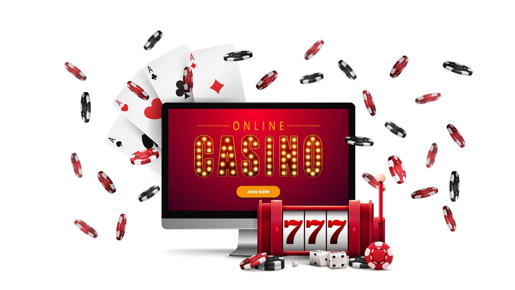 Monitor with red slot machine with jackpot, poker chips and playing cards isolated on white background vector