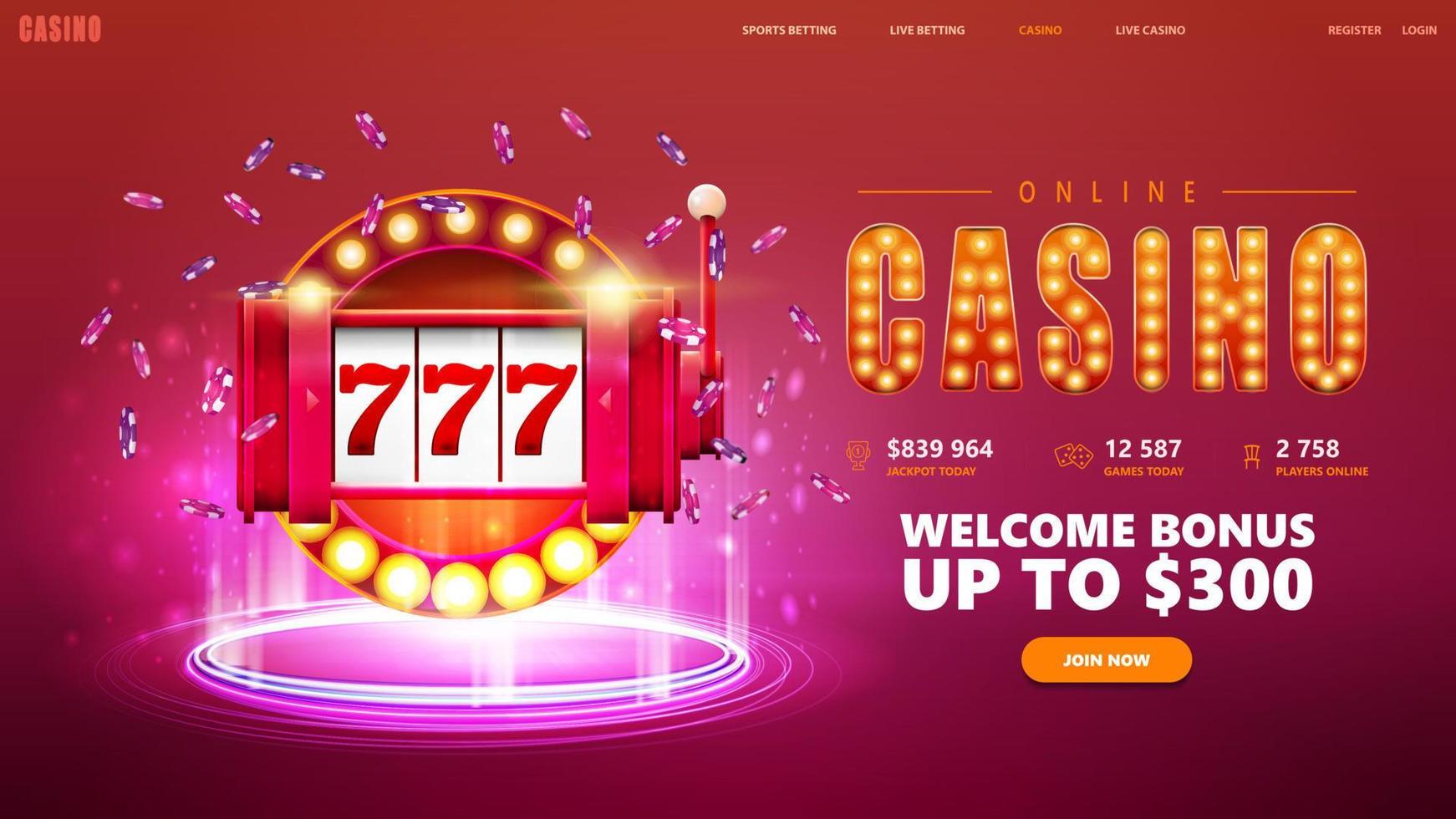 casino en línea, banner rosa para sitio web con botón y máquina tragamonedas roja con barcos alrededor vector