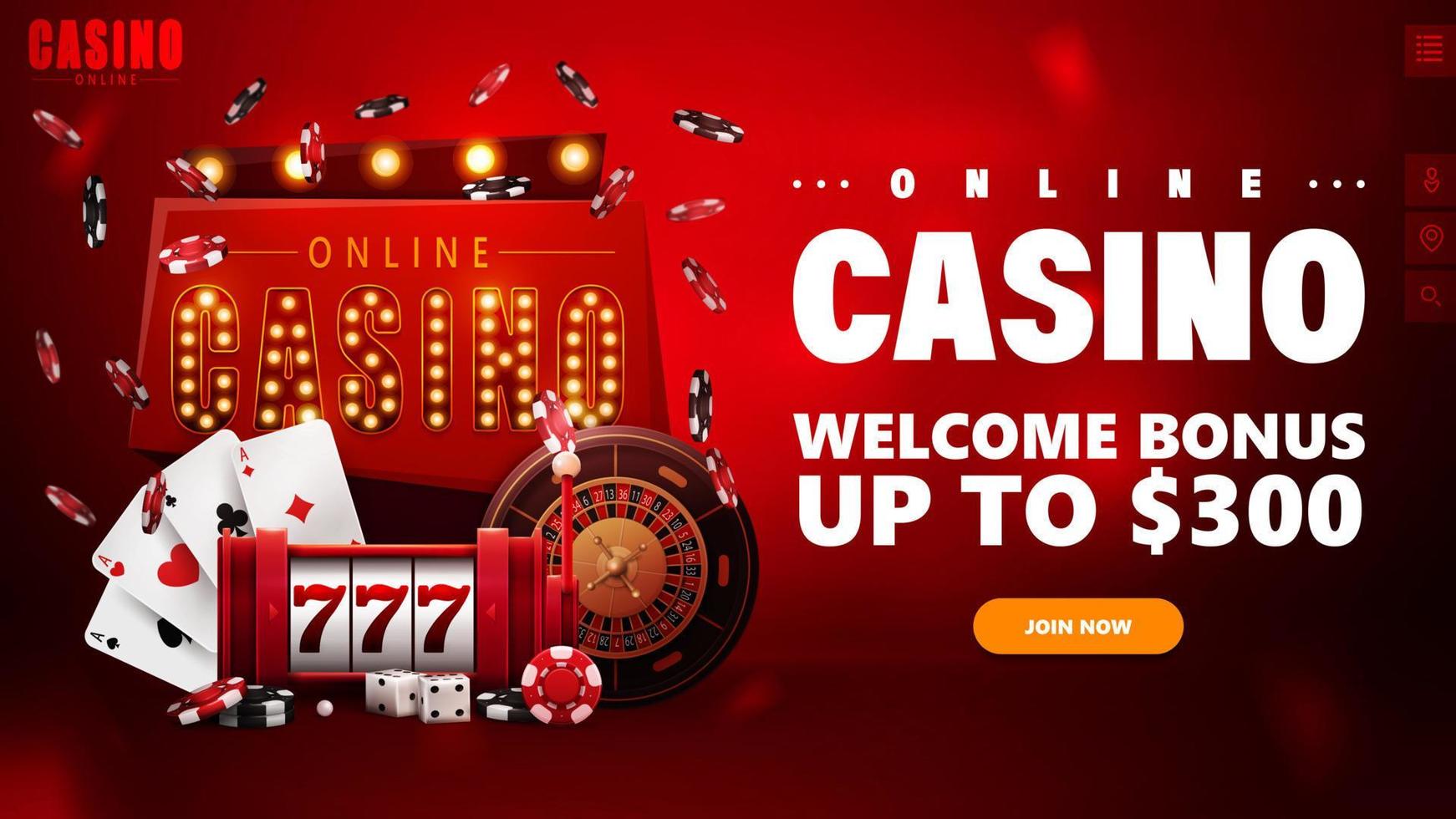 Online casino, red invitation banner for website with retro signboard, slot machine, Casino Roulette, poker chips and playing cards vector