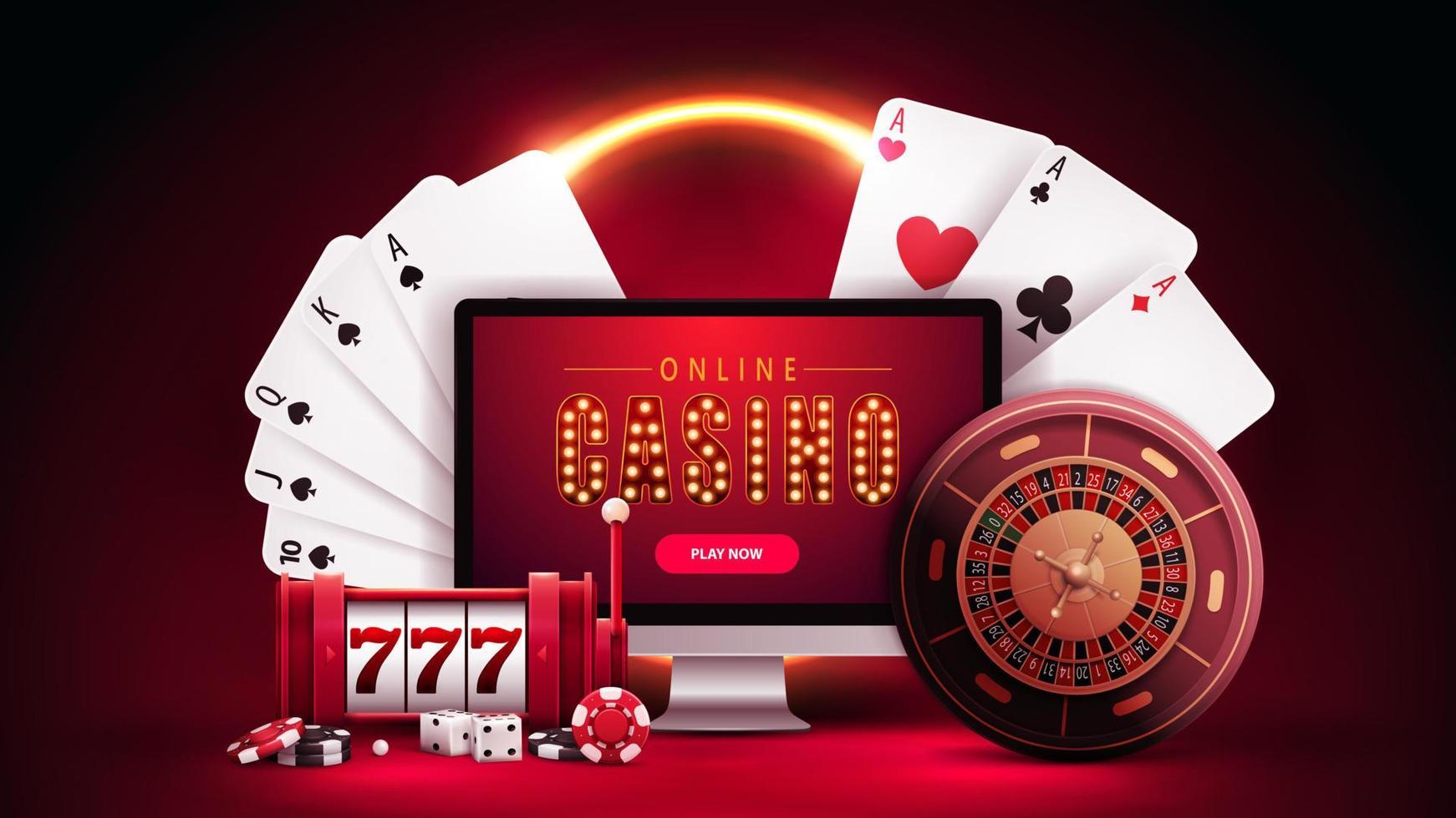 Online casino, red banner with monitor, slot machine, Casino Roulette, poker chips and playing cards in red scene with orange neon ring on background. vector