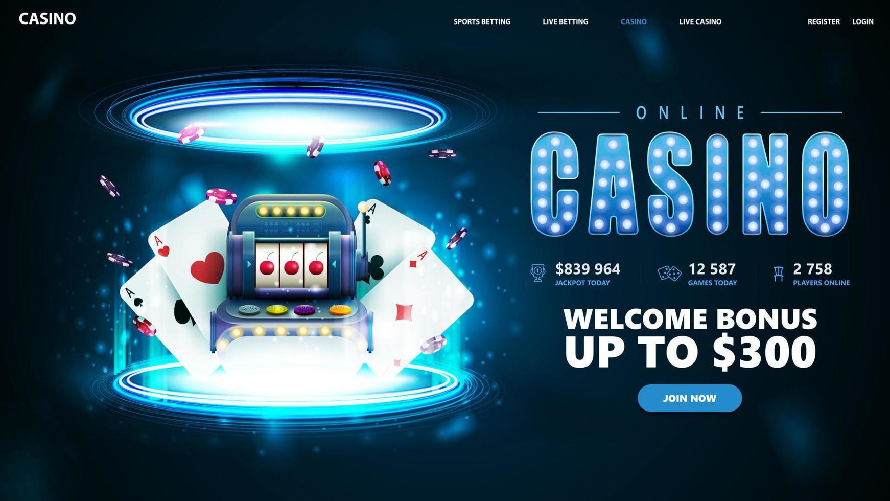 Blue banner for website with button, casino playing cards, slot machine and poker chips inside blue portal made of digital rings in dark empty scene vector