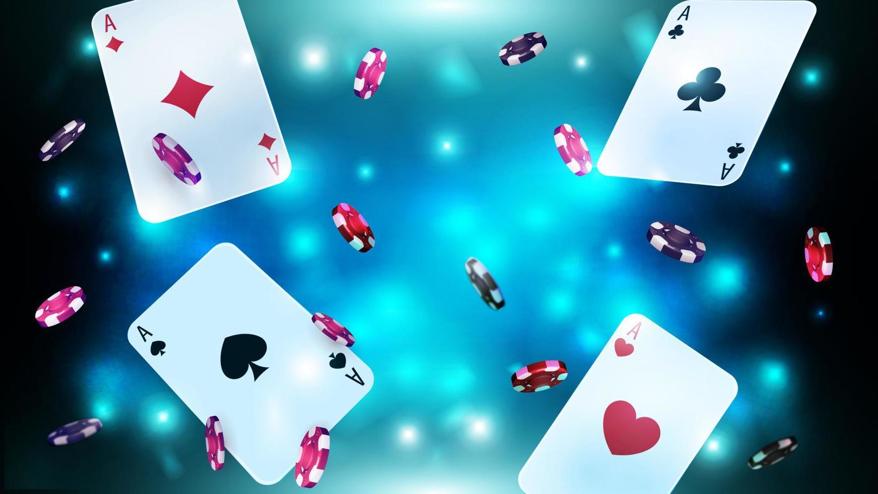 Blue shiny blurred background with flying playing cards and poker chips. vector