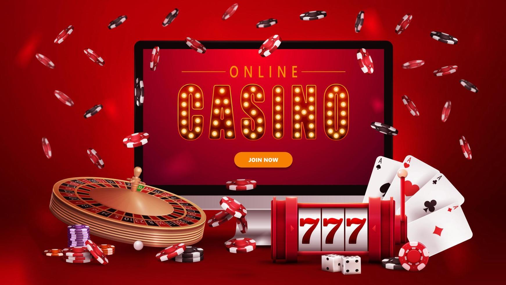 Online casino, red poster with monitor with slot machine, Casino Roulette, poker chips and playing cards. vector