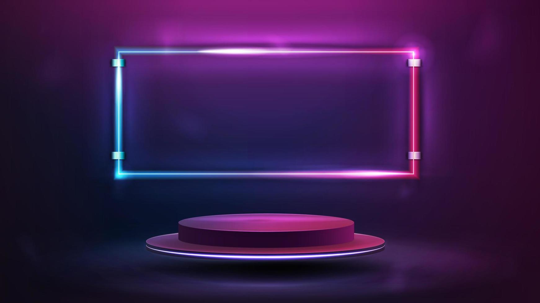 Purple abstract scene with empty podium with neon pink and blue frame on background vector