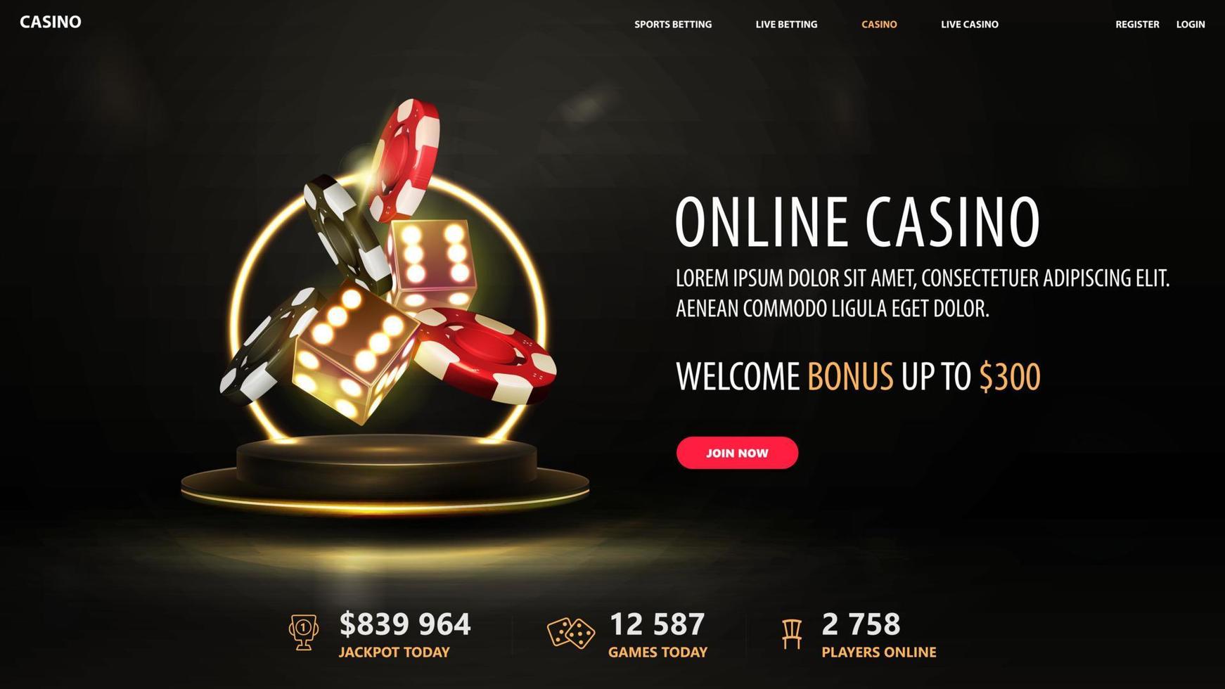 casino en línea, banner web con podio dorado flotando en el aire con anillo de neón amarillo vector