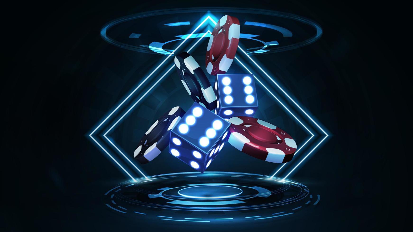 dados 3d de neón azul con una pila de fichas de casino realistas en rojo y negro en una escena oscura con marcos de rombos de neón y holograma de anillos digitales vector