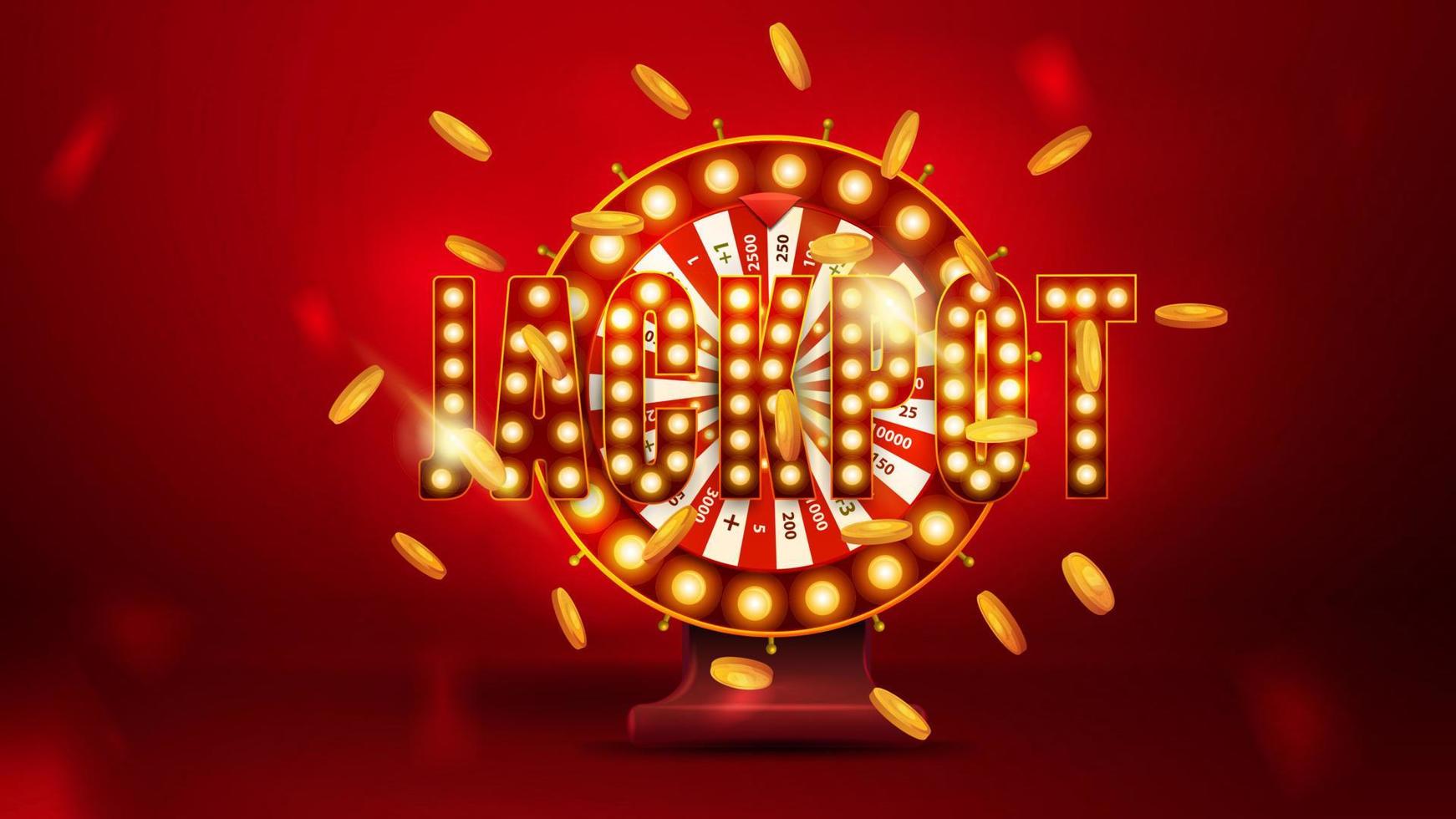 Shining red sign Jackpot with Casino Wheel Fortune falling gold coins on a bright red background. vector