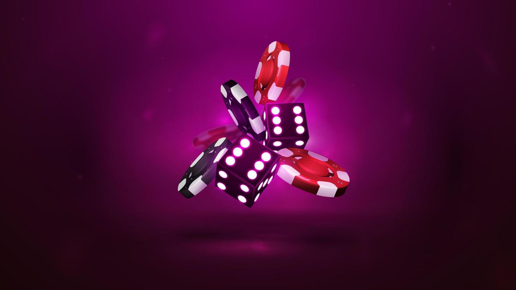 Purple neon 3D dice with red and black realistic gambling stack of casino chips on purple background vector