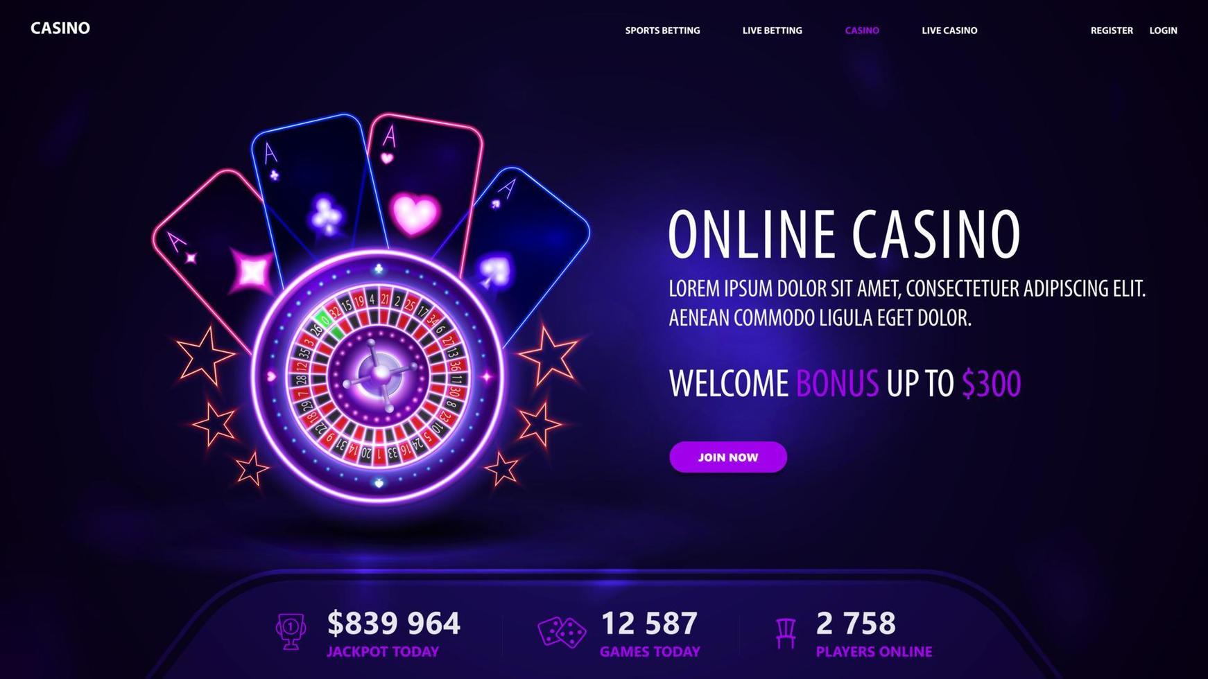 casino en línea, banner de invitación azul para sitio web con bono de bienvenida, botón y rueda de ruleta de casino de neón rosa brillante con cartas de juego en una escena oscura y vacía vector