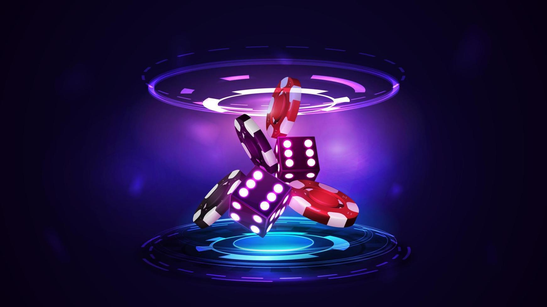 Purple neon 3D dice with red and black realistic gambling stack of casino chips inside pink and blue hologram of digital rings in dark empty scene vector