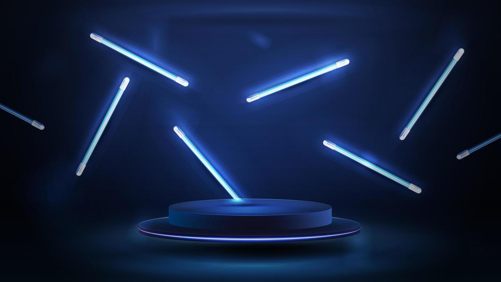 Round dark podium for product presentation with line random flying lamps around, 3d realistic vector illustration. Blue and dark digital scene
