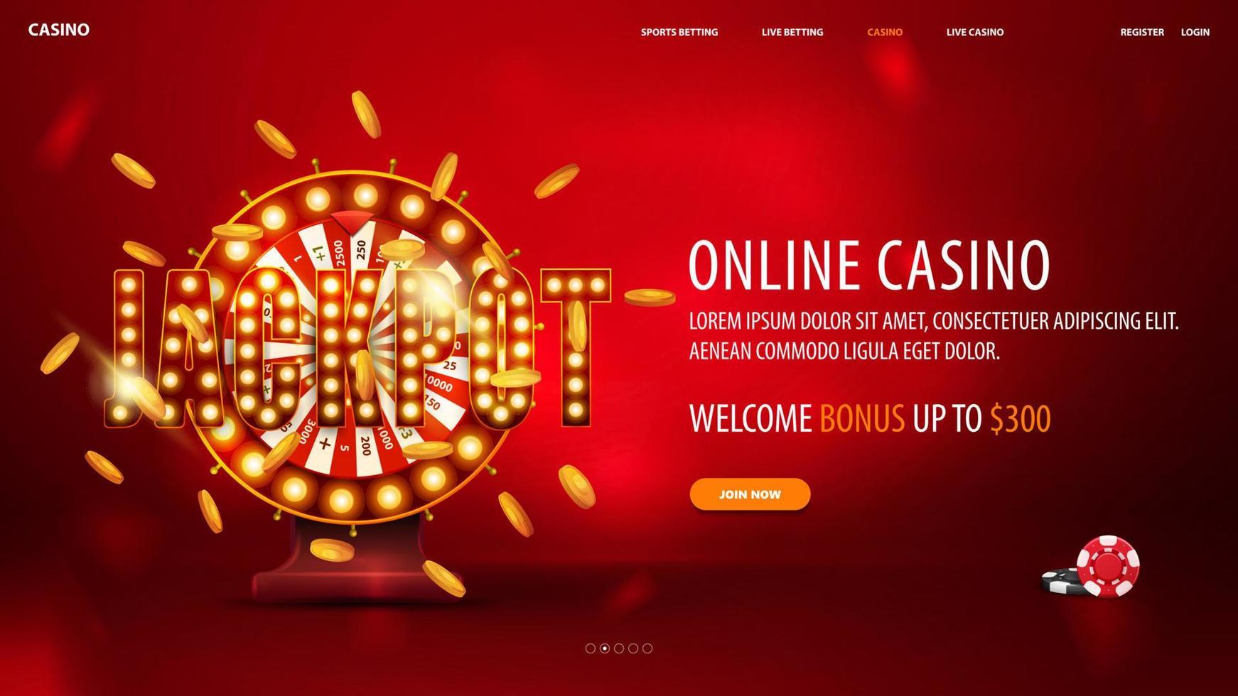 Red banner with shining red Casino Wheel Fortune with falling gold coins on a bright red background. vector