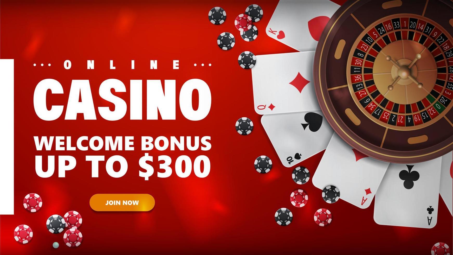Online casino, red banner for website with button, welcome bonus, Casino roulette with poker chips and playing cards, top view. vector