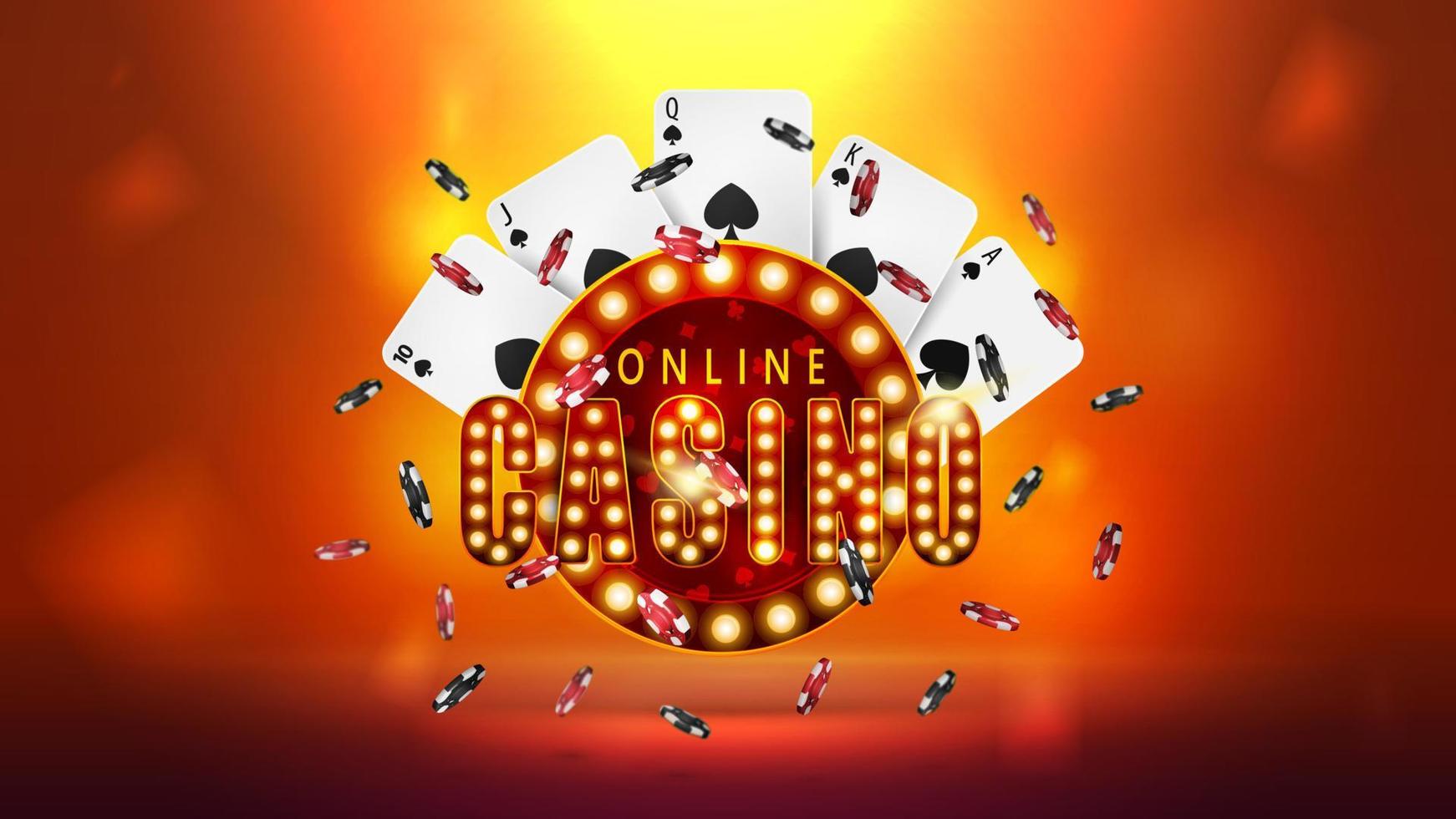 Online casino, red retro signboard with poker chips and playing cards vector
