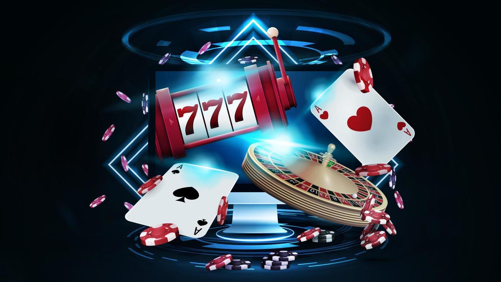 Online casino, banner with monitor, casino slot machine, Casino Roulette, playing cards and poker chips in dark scene with neon rhombus frames and hologram of digital rings vector