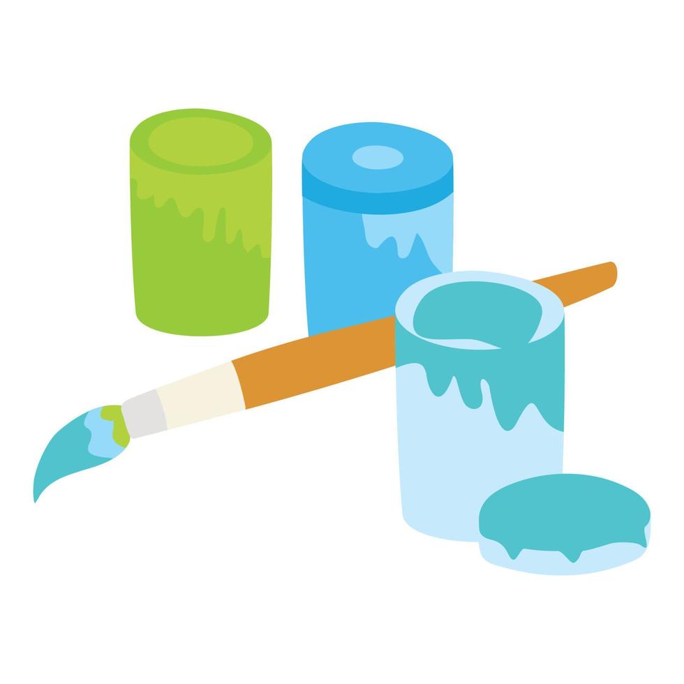 three paints and brushes in green, light blue, and blue vector illustrations