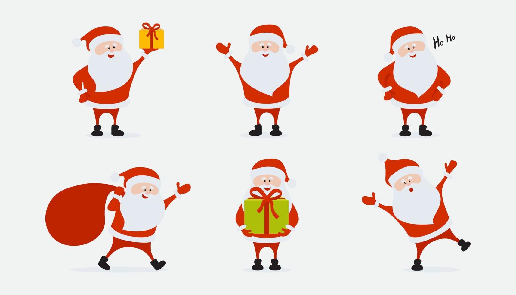 Collection of Christmas Santa Claus. Funny happy Santa Claus character with gift, bag with presents, waving and greeting. vector