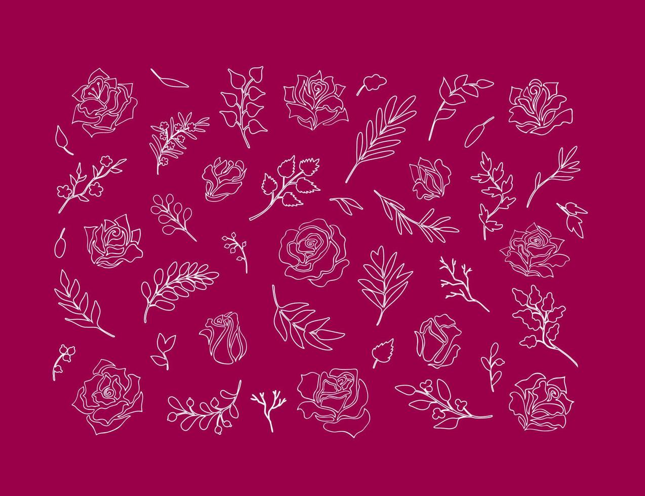 Roses With Twigs Doodle White Outlines. Contour Hand Drawn Set vector