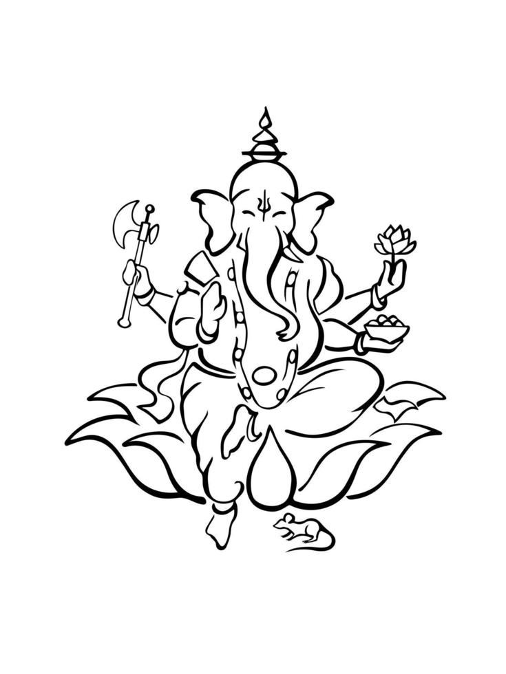 Ganesha, Hindu God of Beginnings, on Lotus Flower. Silhouette Ink Sketch vector