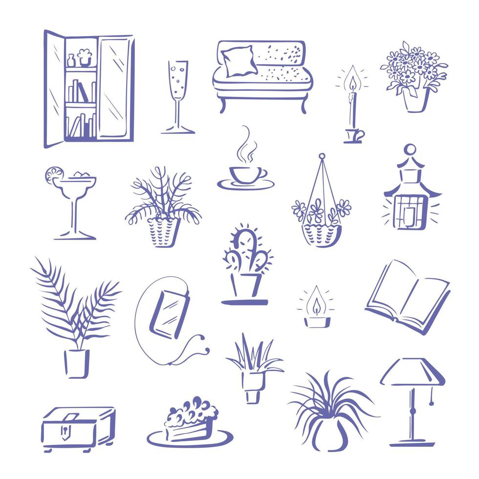 Home Hygge, Things for Stay-at-Home Lifestyle. Collection of Cute Doodle Objects vector