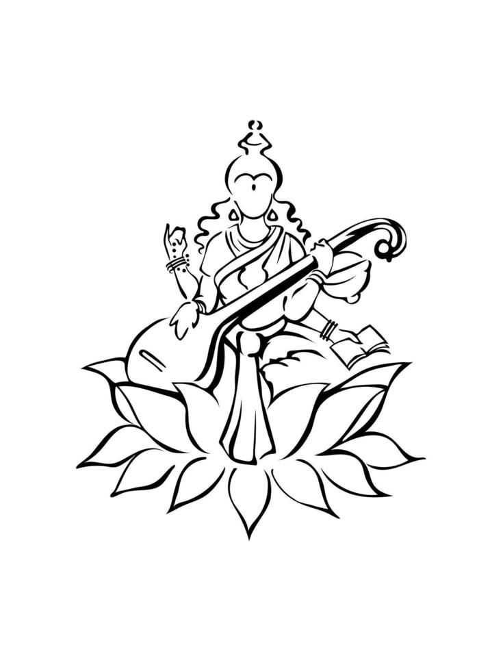 saraswati, diosa hindú del conocimiento, en flor de loto con instrumento veena. símbolo de la silueta vector