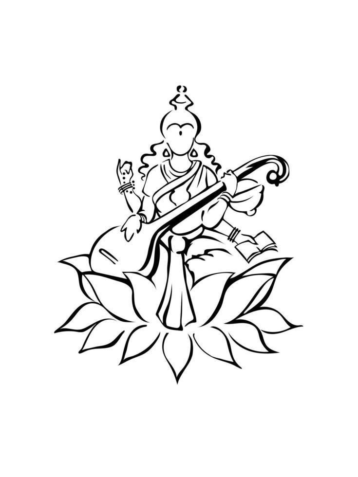 Saraswati, Hindu Goddess of Knowledge, on Lotus Flower With Veena Instrument. Silhouette Symbol vector