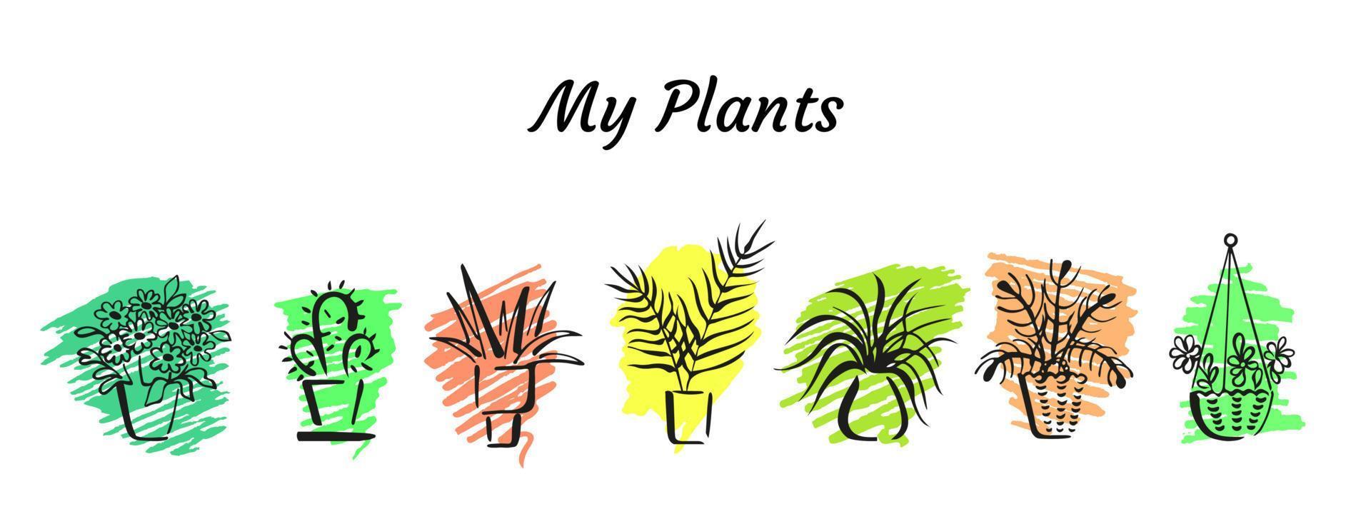 bocetos de caligrafía de pincel de plantas de interior en macetas, en trazos de marcador de colores vector