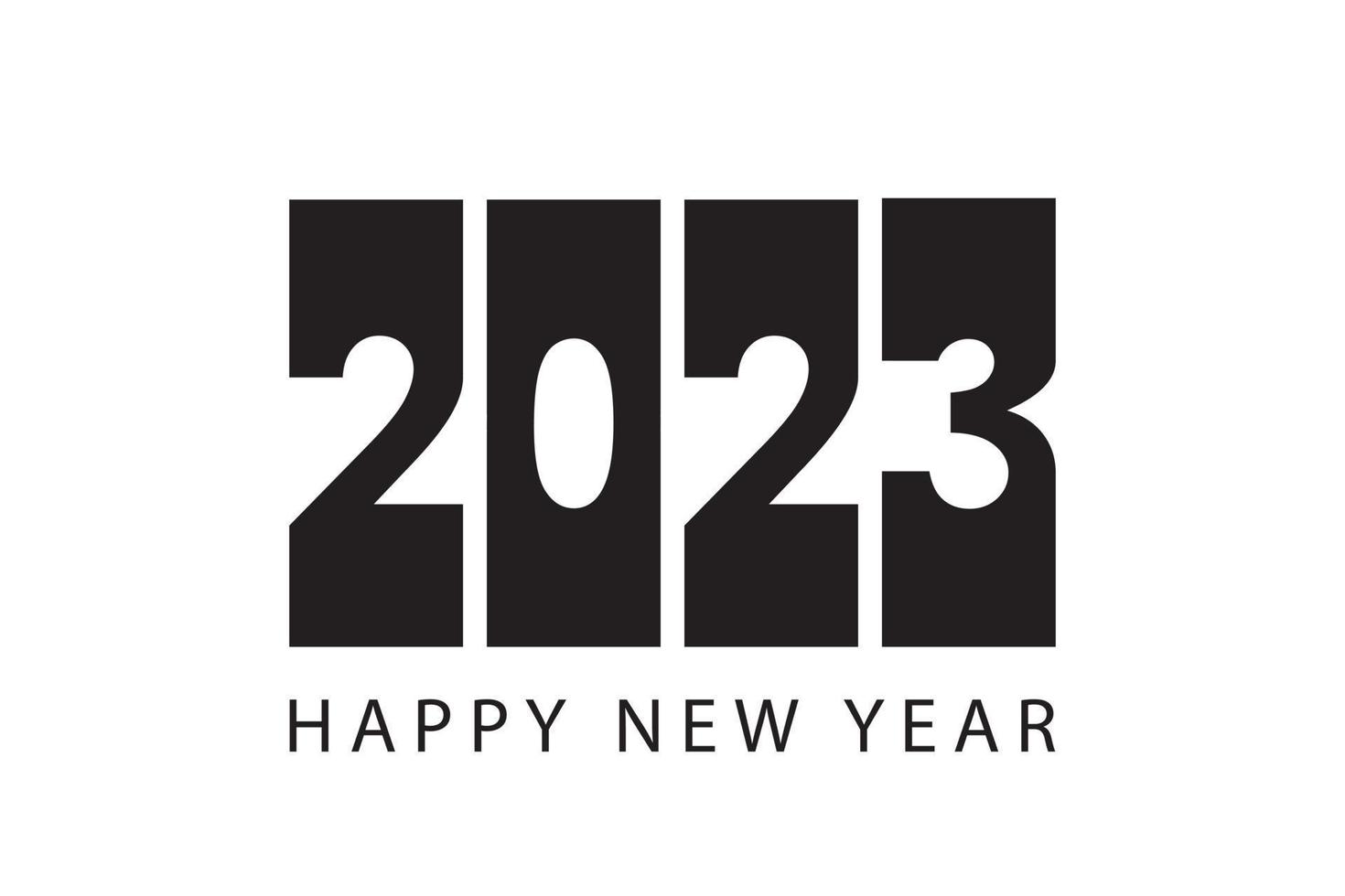 Plantilla de diseño de texto de logotipo de feliz año nuevo 2023. ilustración vectorial con etiquetas negras aisladas sobre fondo blanco. vector