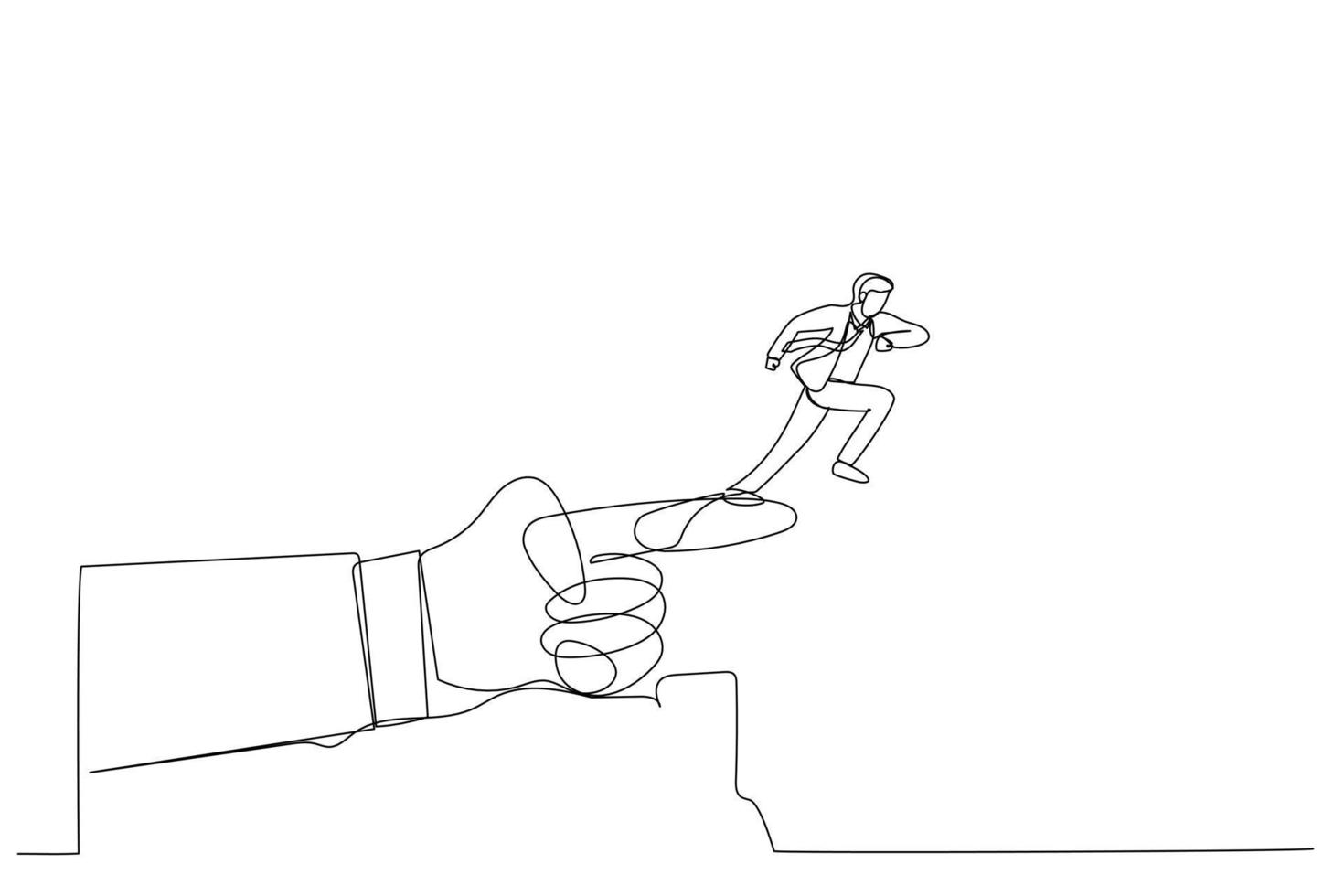 Drawing of giant hand pointing to the wrong way to a businessman. Single line art style vector