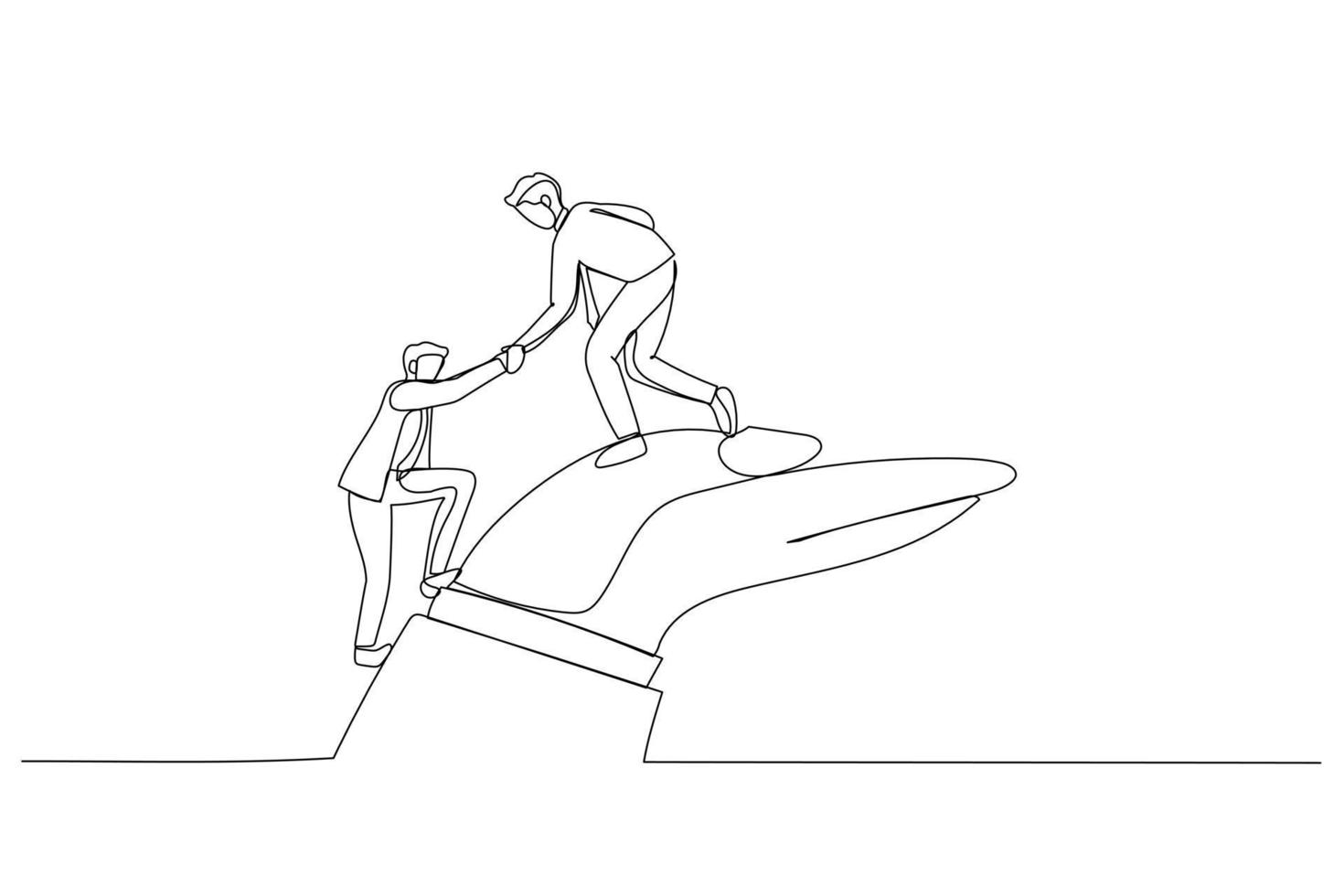 Cartoon of businessman helps companion climb to the giant hand. Continuous line art vector