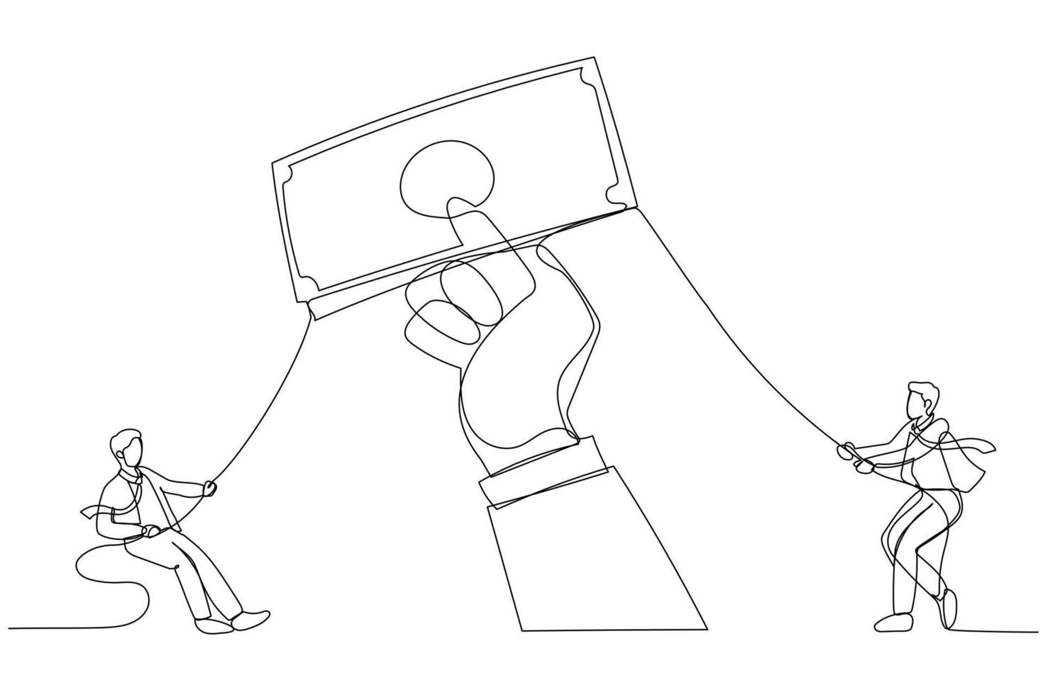 Cartoon of businessman pull money in the hands of giants. Single continuous line art style vector