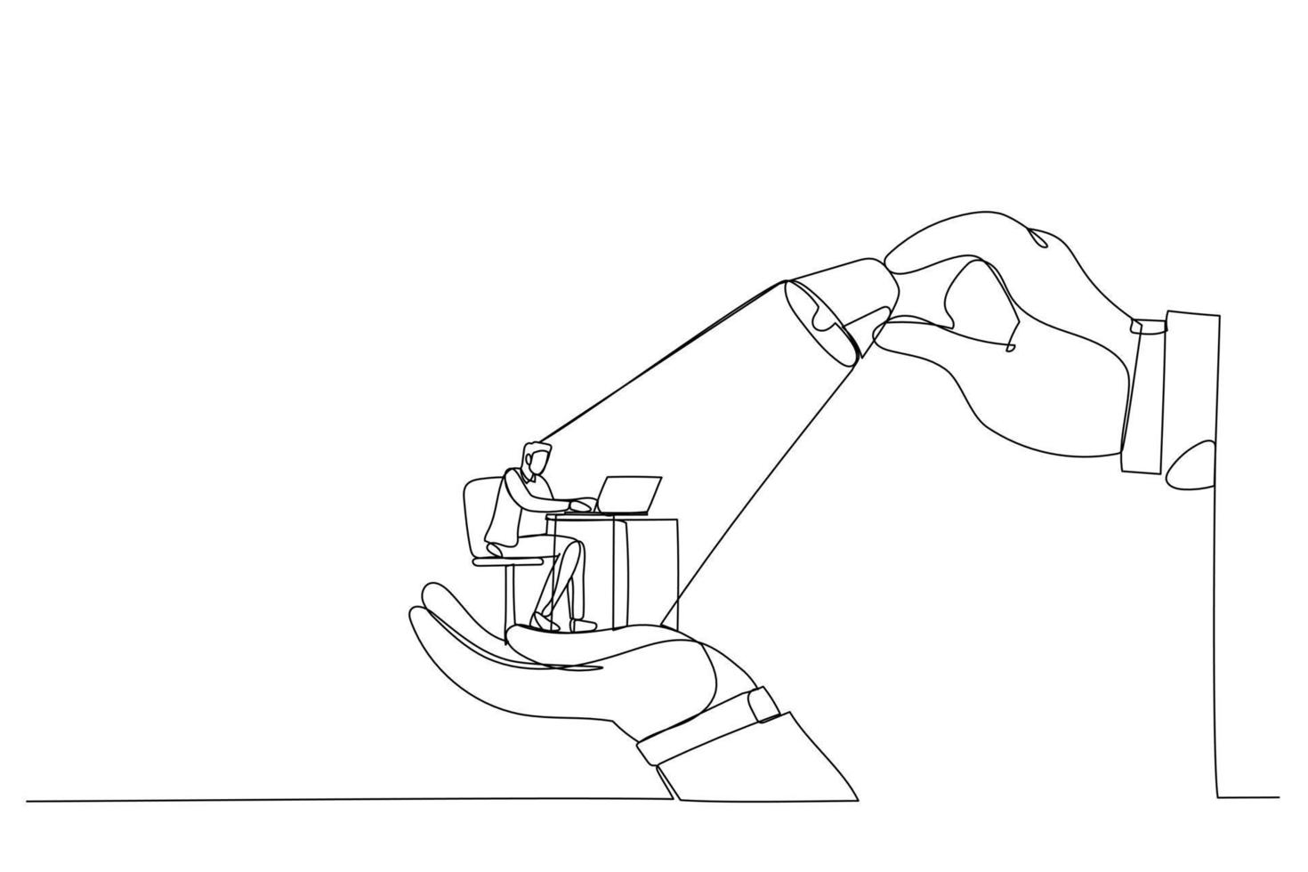 Illustration of big hands holding businessman and lighting on the top, metaphor for control, support and coordination. One continuous line art style vector