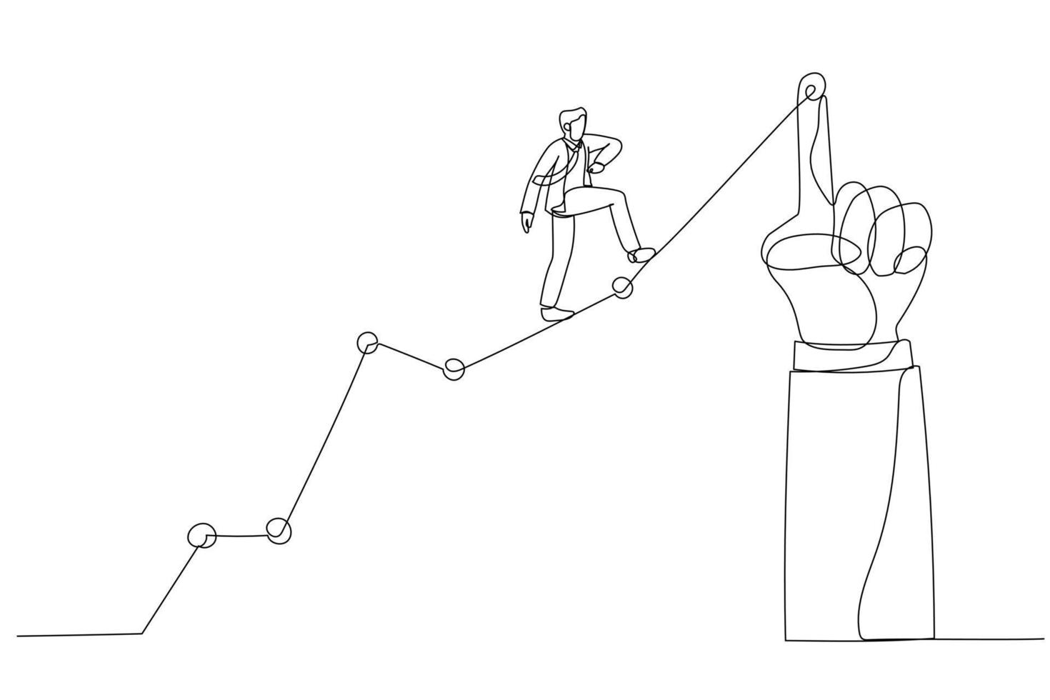 Drawing of businessman running uphill on a line graphic pointed by a giant hand. Single line art style vector